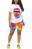 Orange Fashion Active Casual Patchwork Print Tie Dye Straight Short Sleeve Two Pieces