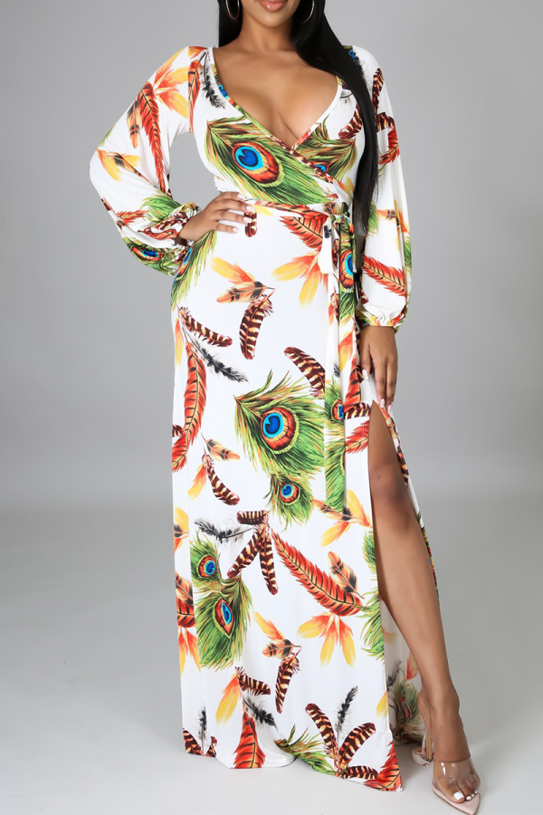 White Casual Print Draw String V Neck Cake Skirt Dresses