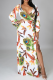 White Casual Print Draw String V Neck Cake Skirt Dresses