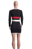Black Casual Cap Sleeve Long Sleeves O neck Step Skirt skirt Solid Long Sleeve Dresses