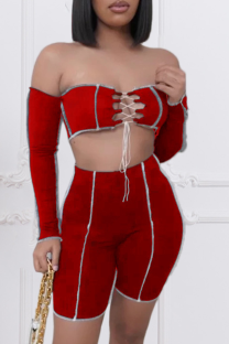 Red Street Solid Bandage Strapless Long Sleeve Two Pieces
