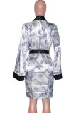 purple Fashion Casual Adult Print Patchwork With Belt V Neck Outerwear