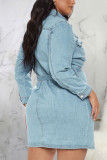 Light Blue Sexy Solid Patchwork Turndown Collar Pencil Skirt Dresses