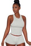 Light Blue knit Sexy Patchwork Two Piece Suits Solid Straight Sleeveless Two-Piece Short Set