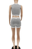 White Casual Striped Print Patchwork O Neck Sleeveless Two Pieces
