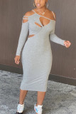 Grey Sexy Solid Hollowed Out Patchwork Long Sleeve Knee Length Dresses