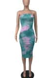 Green Sexy Patchwork Tie-dye Strapless Pencil Skirt Dresses