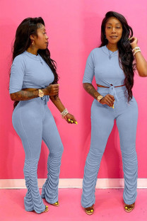 Blue Street Solid Draped Straight Half Sleeve Two Pieces