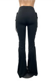 Pink Fashion Casual Solid Hollowed Out Strap Design Boot Cut Mid Waist Trousers