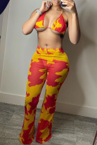 Yellow Sexy Print Patchwork Spaghetti Strap Sleeveless Three Pieces