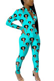multicolor Fashion Sexy Print zipper Long Sleeve O Neck Jumpsuits