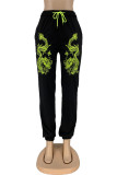 Black Sportswear Embroidered Mid Waist Pencil Bottoms