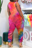 Red Casual Print Tie-dye O Neck Loose Jumpsuits
