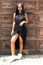 Black Fashion Casual Sexy Cap Sleeve Sleeveless O neck Asymmetrical Mid-Calf Draped Solid split