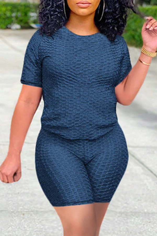 Navy Blue Casual Solid Patchwork O Neck Short Sleeve Two Pieces