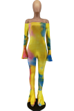 Colour Sexy Patchwork Tie-dye Off the Shoulder Boot Cut Jumpsuits