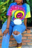 colour Chemical fiber blend O Neck Short Sleeve Print Tie Dye scrawl Tops