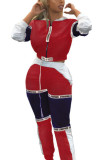 Red and black Fashion Active adult Ma'am Patchwork contrast color Two Piece Suits pencil Long Sleeve Two Pieces
