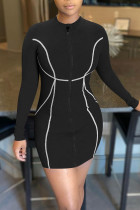 Black Casual Print Patchwork Zipper Collar Pencil Skirt Dresses