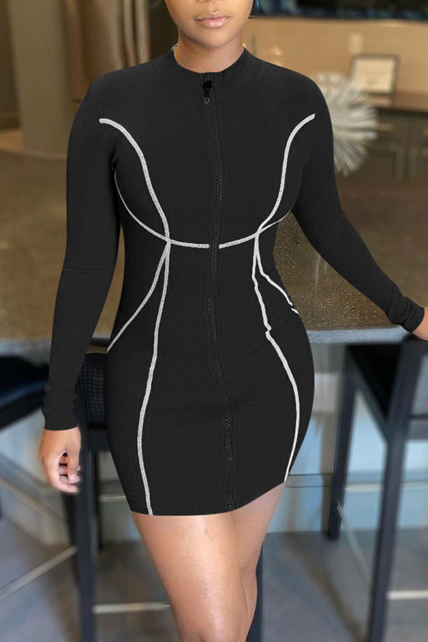 Black Casual Print Patchwork Zipper Collar Pencil Skirt Dresses