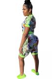 Multi-color Casual Fashion asymmetrical Print Zippered Floral Regular Two-Piece Short Set