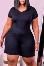 Black Fashion Casual Solid Basic V Neck Regular Romper