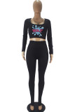 colour Fashion Casual Adult Print Patchwork Square Collar Long Sleeve Regular Sleeve Short Two Pieces