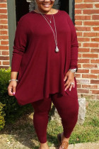 Wine Red Sportswear Striped O Neck Plus Size 
