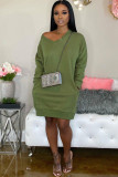 Khaki Sexy Cap Sleeve Long Sleeves V Neck Swagger Knee-Length Solid Long Sleeve Dresses