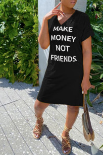 Black Fashion Casual White Black Sleeve Short Sleeves V Neck Straight Knee-Length Print Dresses
