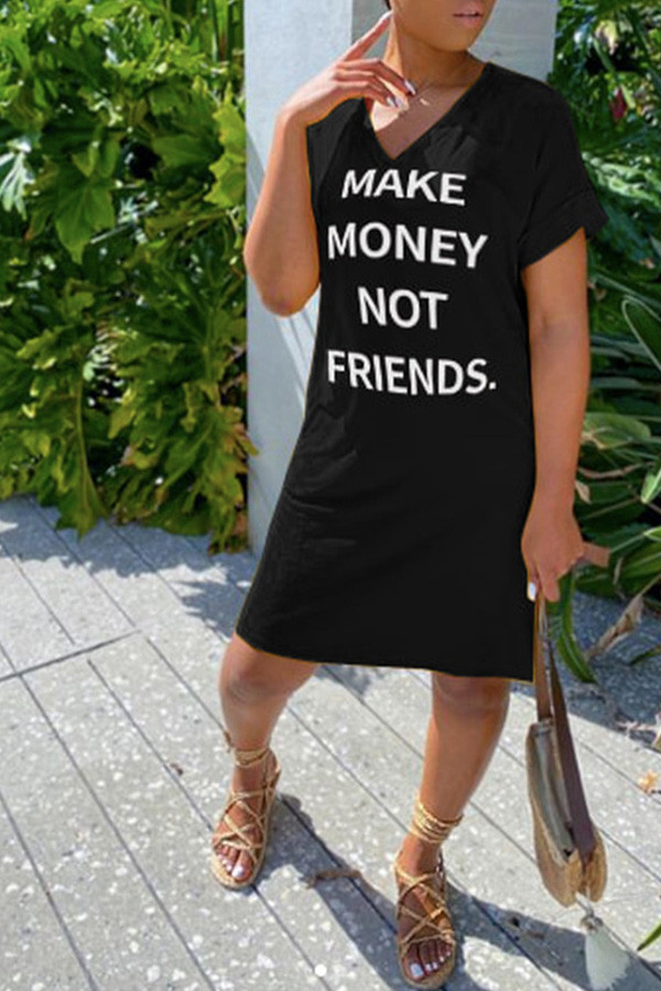 Black Fashion Casual White Black Sleeve Short Sleeves V Neck Straight Knee-Length Print Dresses