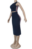 Navy Blue Fashion Casual adult Ma'am Patchwork Solid Two Piece Suits pencil Sleeveless Two Pieces