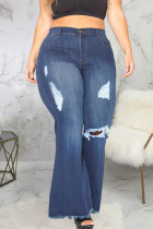 Dark Blue Sexy Solid Ripped Plus Size 