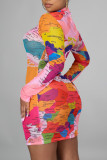 Pink Work Daily Print O Neck Pencil Skirt Dresses