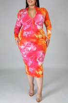 Rose Red Sexy Print Patchwork Zipper Collar Plus Size 