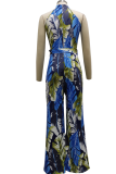 Turquoise Sexy Print Patchwork Halter Straight Jumpsuits