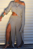 Pink Fashion Casual Solid Patchwork Slit Oblique Collar Long Sleeve Two Pieces