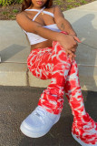 Red Fashion Sexy Print Hollowed Out Backless Strapless Sleeveless Two Pieces
