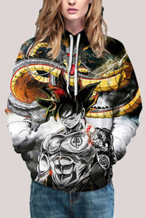 Black Fashion Street Adult Print Patchwork Draw String Pullovers Hooded Collar Outerwear