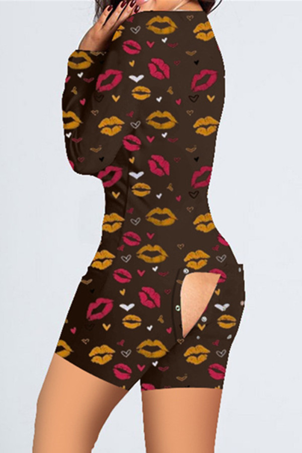 Black Casual Living Print Basic V Neck Regular Romper