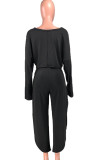 Black Casual Solid Split crop top Loose Long Sleeve Two Pieces