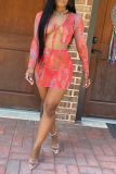 Red Sexy Print Patchwork V Neck Long Sleeve Two Pieces