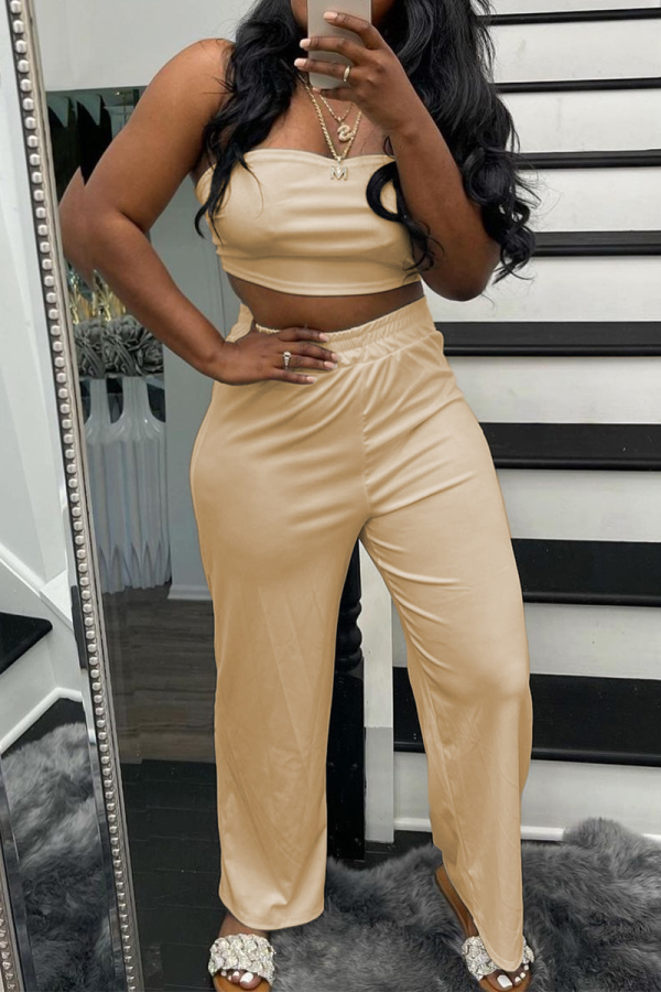 Khaki Sexy Solid Patchwork Strapless Sleeveless Two Pieces