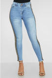 Blue Denim Zipper Fly Sleeveless Mid Solid Patchwork pencil Pants Pants