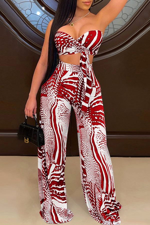 Red Fashion Sexy Print Backless Strapless Sleeveless Two Pieces