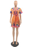 Orange Fashion Casual Print With Belt V Neck Short Sleeve Dress