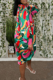 Green Sexy Print Patchwork V Neck Straight Dresses