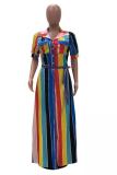 Blue Casual Fashion Cap Sleeve Half Sleeves Turndown Collar Straight Ankle-Length fastener Argy