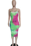 Green Fashion Sexy Green multicolor Off The Shoulder Sleeveless Slip Pencil Dress Mid-Calf backless Tie and dye Dresses