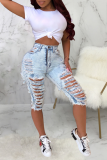 Blue Sexy Solid Ripped Mid Waist Skinny Denim Shorts